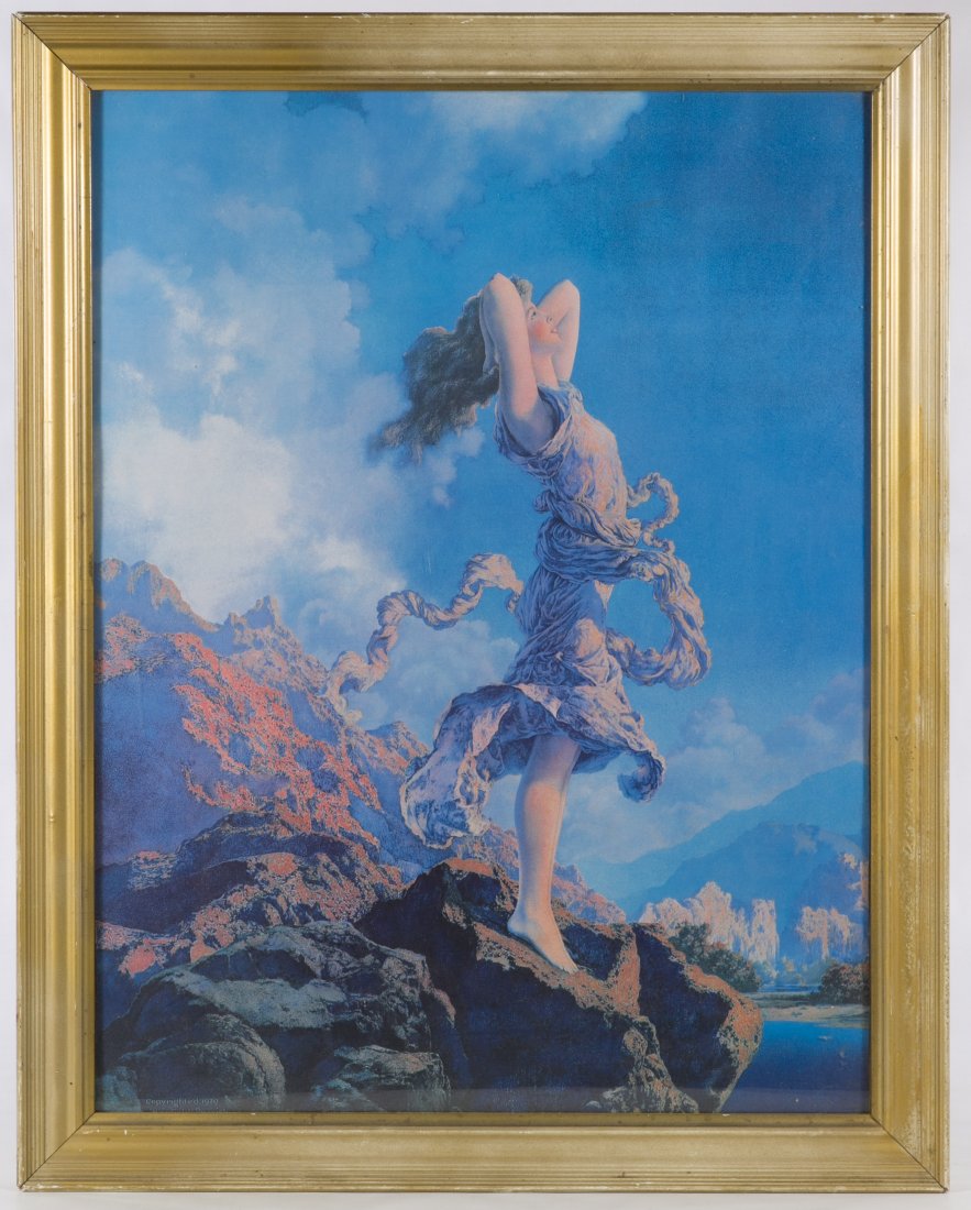 Maxfield Parrish (American, 1870-1966) 'Lady on: Maxfield Parrish (American, 1870-1966) 'Lady on Mountain' Print Contemporary copy, original copyright is from 1929 Height: 23.00 inches, Width: 18.00 inches (frame) Category: Decorative Arts > Etching