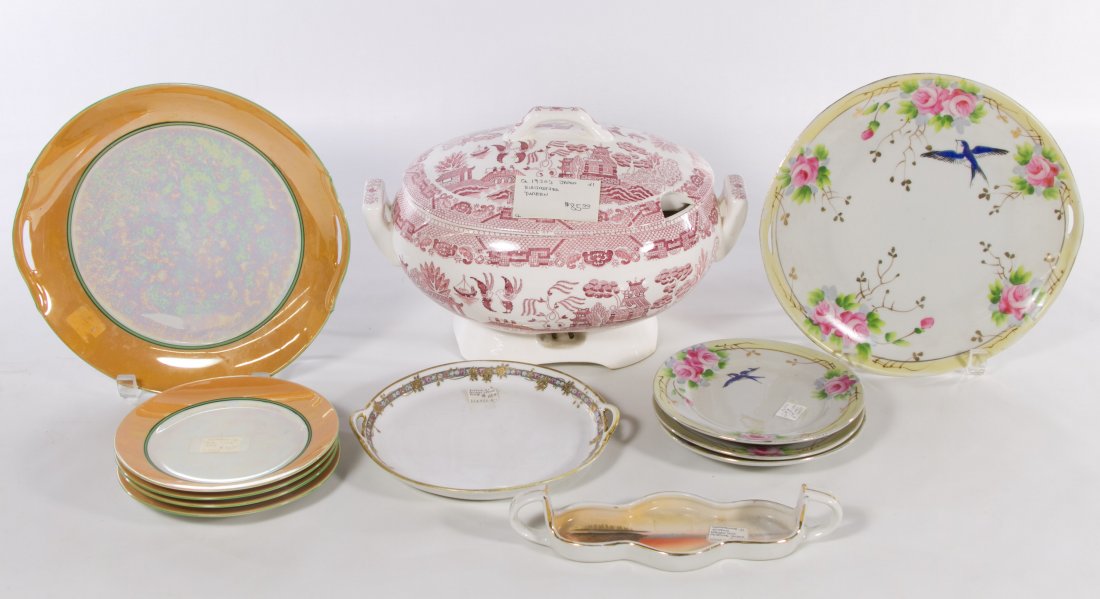 Nippon and Japanese Ceramic Dish Assortment: Nippon and Japanese Ceramic Dish Assortment Including two partial dessert plate sets, a hand painted dresser tray and a Willow ware covered tureen Length: 12.50 inches (tureen) Category: Porcelain and