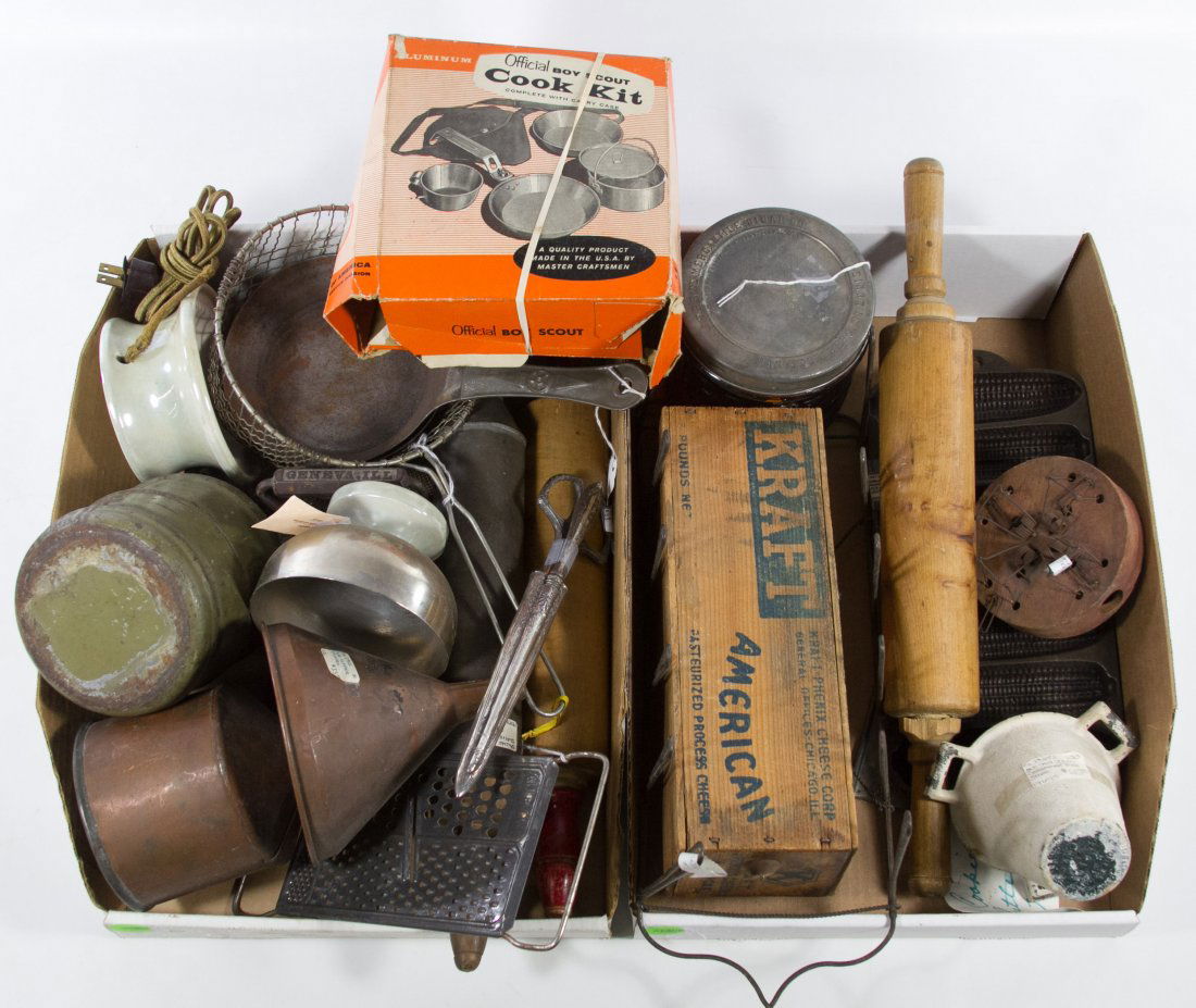 Kitchen Tool Assortment: Kitchen Tool Assortment Including wooden rollers, a mouse trap graters, a cheese box, a Mercantile Cigar brown glass jar and a Boy Scout camping dish set Length: 17.00 inches (rolling pin) Category: P