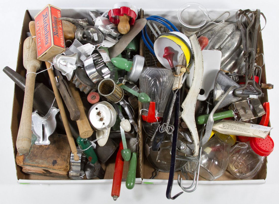 Kitchen Utensil and Tool Assortment: Kitchen Utensil and Tool Assortment Including vintage cookie cutters, funnels, cooking pot and graters Length: 14.00 inches (masher) Category: Primitives > Kitchen Tax Status: Subject to an 8.25% sale