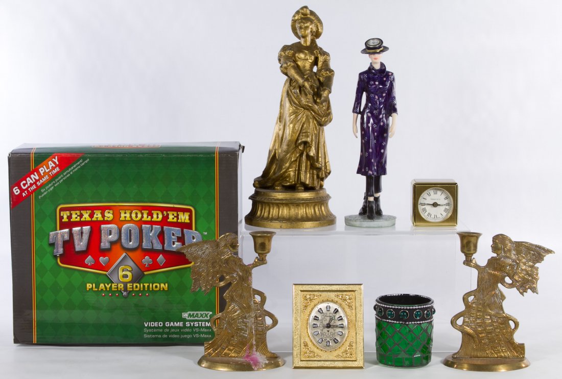 Desk Item Assortment: Desk Item Assortment Including a Tiffany & Co. desk clock, decorative brass objects, figurine and Texas Hold'em poker game Height: 10.00 inches (game) Category: Primitives > Other Shipping Status: 3rd