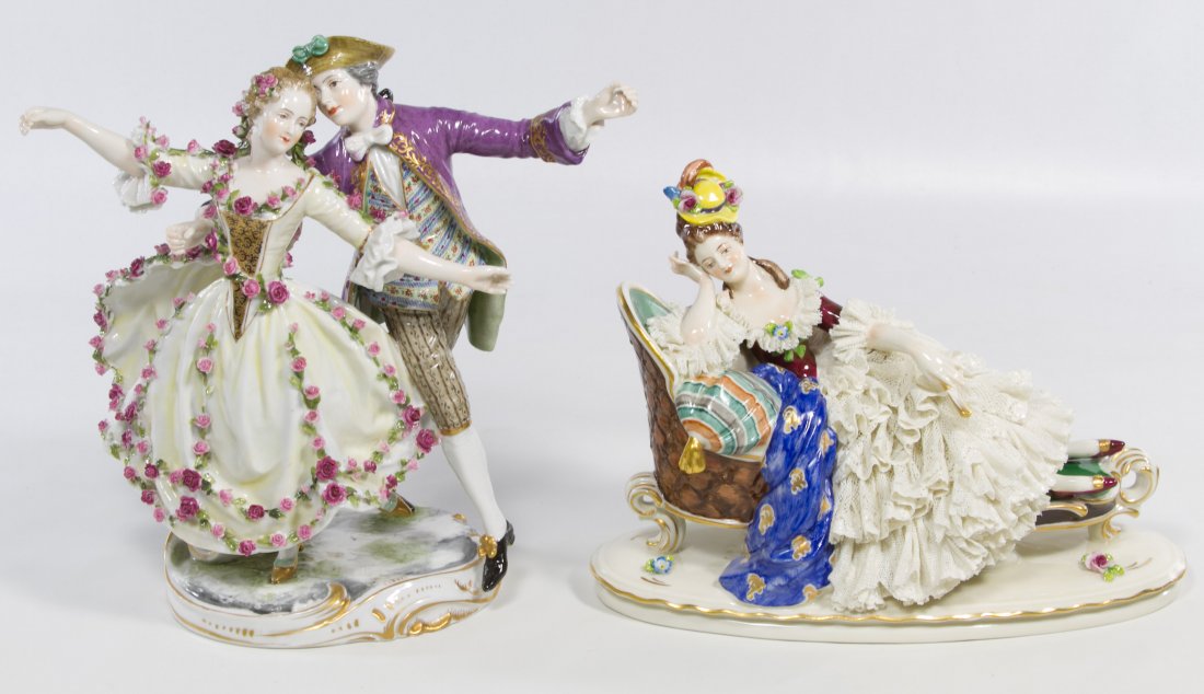 Porcelain Figurines: Porcelain Figurines Two pieces including Bavarian and Dresden; both have stamped marks on the underside Height: 9.50 inches Category: Figurines > Other Shipping Status: 3rd Party Shipping; the shippin