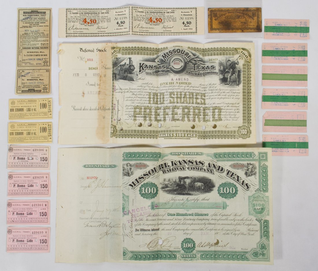 Stock Certificates and Used Train Tickets: Stock Certificates and Used Train Tickets Two stock certificates for the Missouri, Kansas and Texas Railway Co and various canceled passenger train tickets Height: 8.00 inches, Width: 15.25 inches (la