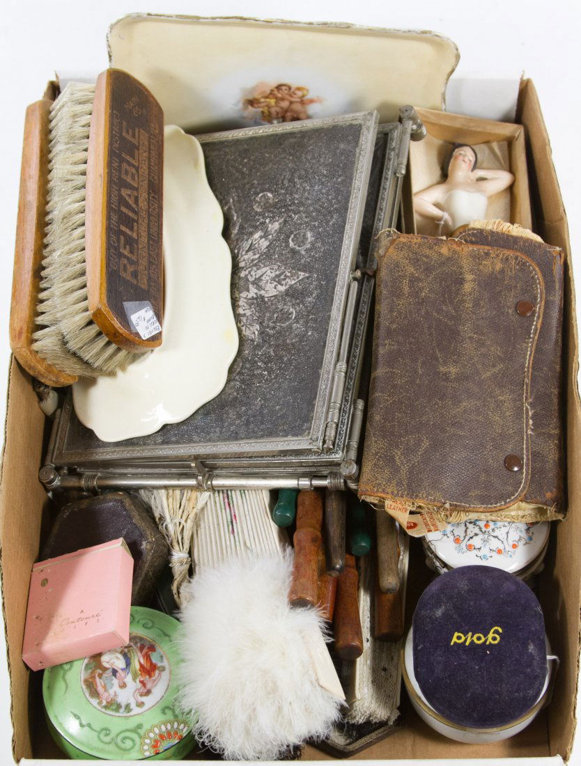 Vanity Accessory Assortment: Vanity Accessory Assortment Including table mirrors, dresser trays, fans, brushes and dresser boxes Height: 10.00 inches (mirror) Category: Clothing & Accessories > Compacts & Dresser Boxes Tax Status