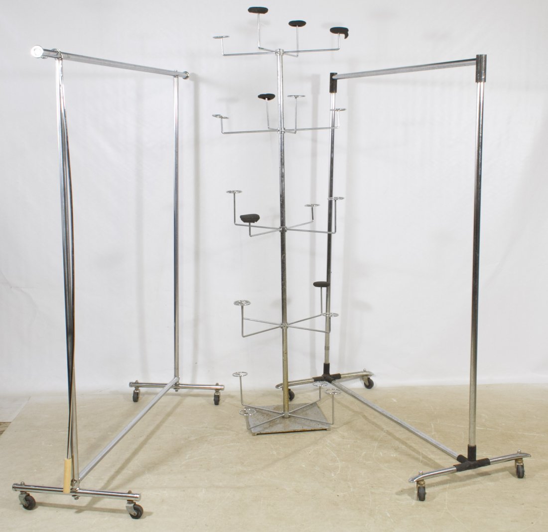 Chrome Clothes Display Racks: Chrome Clothes Display Racks Two are on rollers, other is for hats Height: 72.50 inches (hat rack) Category: Clothing & Accessories > Other Shipping Status: 3rd Party Shipping; the shipping cost may b