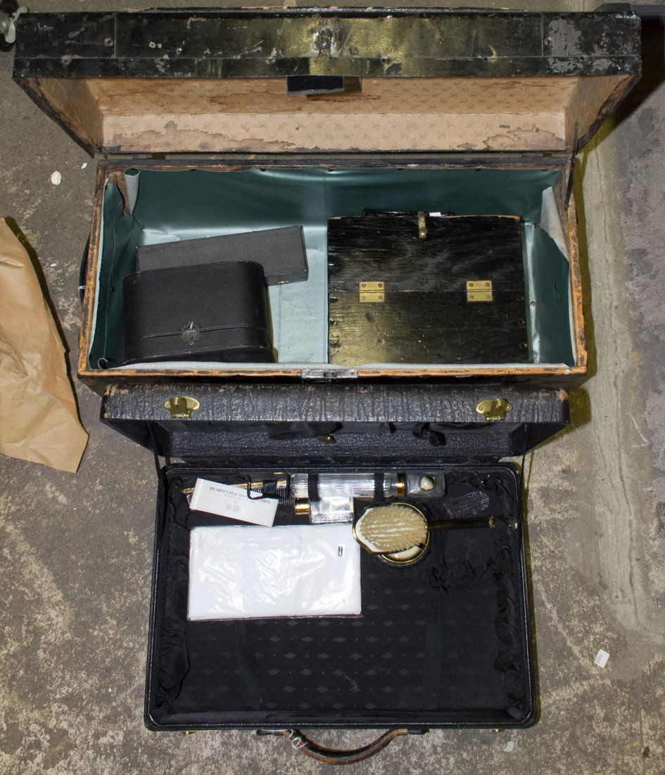 Victorian Trunk and Toiletry Case: Victorian Trunk and Toiletry Case Five items including a Victorian dome top trunk, a Belber toiletry / vanity suit case filled with grooming items, a collar box, a shoe shine box and a trinket box Len