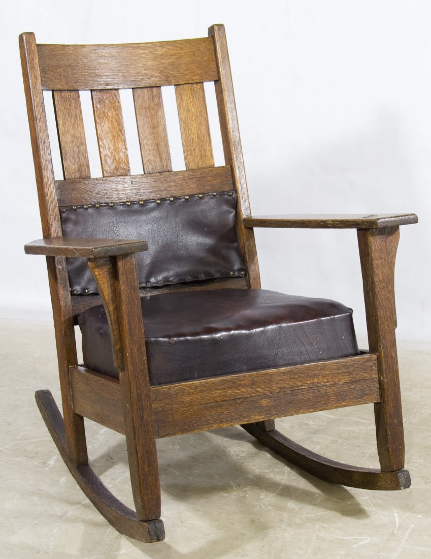Stickley Style Mission Oak Rocking Chair: Stickley Style Mission Oak Rocking Chair Having leather seat cushion and lower back Height: 36.00 inches, Width: 28.00 inches Category: Furniture > American Shipping Status: 3rd Party Shipping; the sh