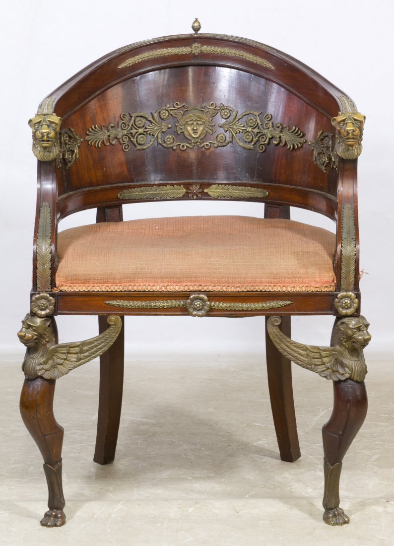 Egyptian Revival Mahogany Arm Chair: Egyptian Revival Mahogany Arm Chair Having ormolu decorations on back, arms and legs; upholstered seat Height: 35.00 inches, Width: 24.00 inches, Depth: 20.00 inches Category: Furniture > Continental 