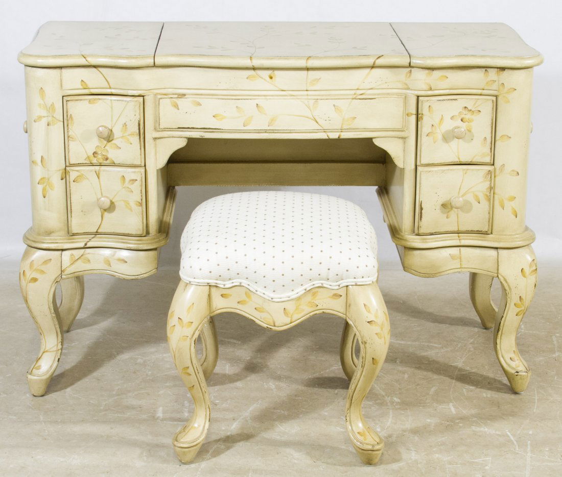 Italian Provincial Dressing Table with Stool: Italian Provincial Dressing Table with Stool Having hinged top center mirror and side compartments over center drawer flanked by drawers; hinged sides for jewelry storage Height: 31.50 inches, Width: