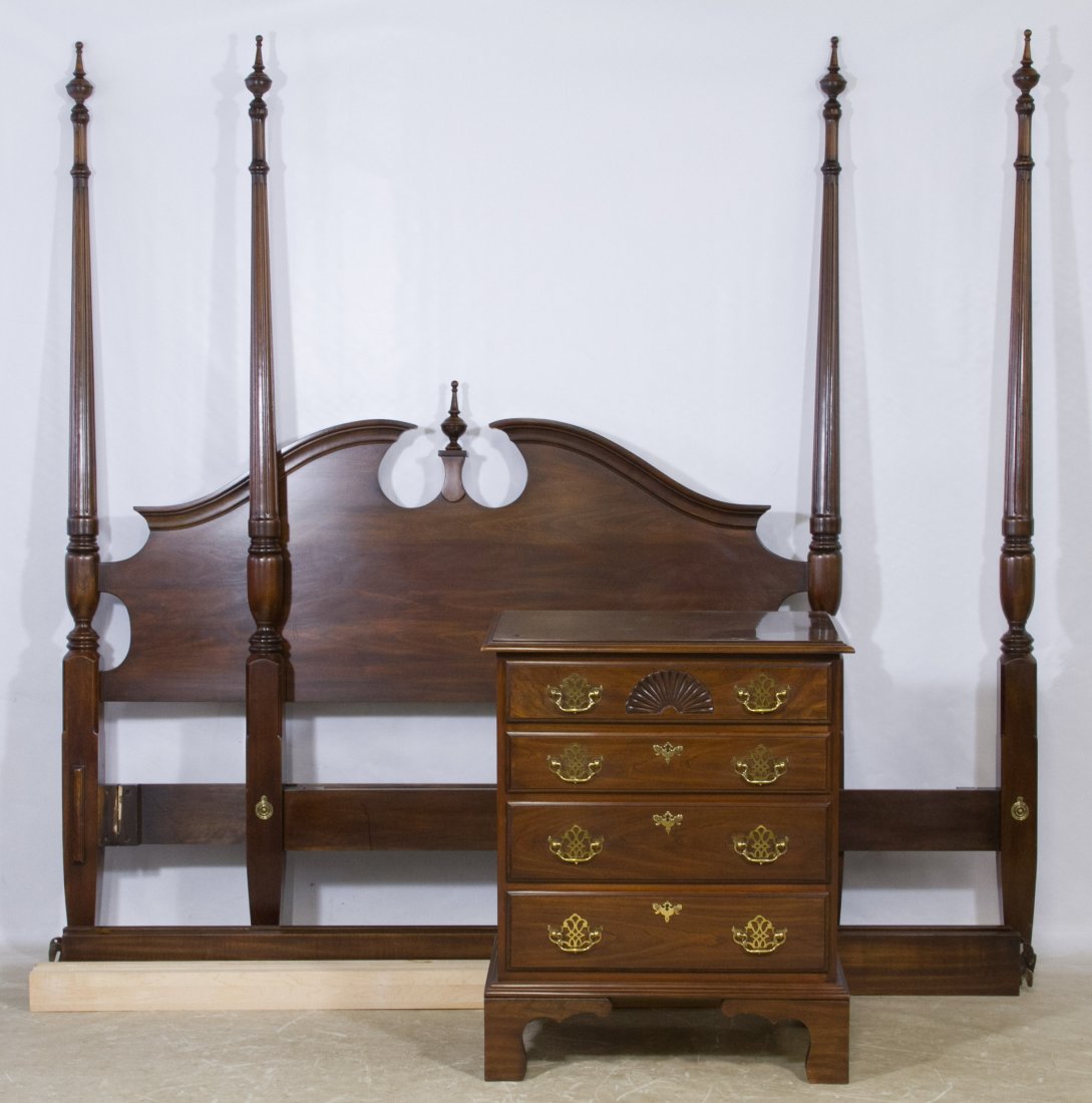 Mahogany Four Poster Queen-size Bed Frame: Mahogany Four Poster Queen-size Bed Frame Having side rails and slats; together with chest having four drawers Height: 75.00 inches, Width: 64.00 inches (bed frame) Category: Furniture > Contemporary