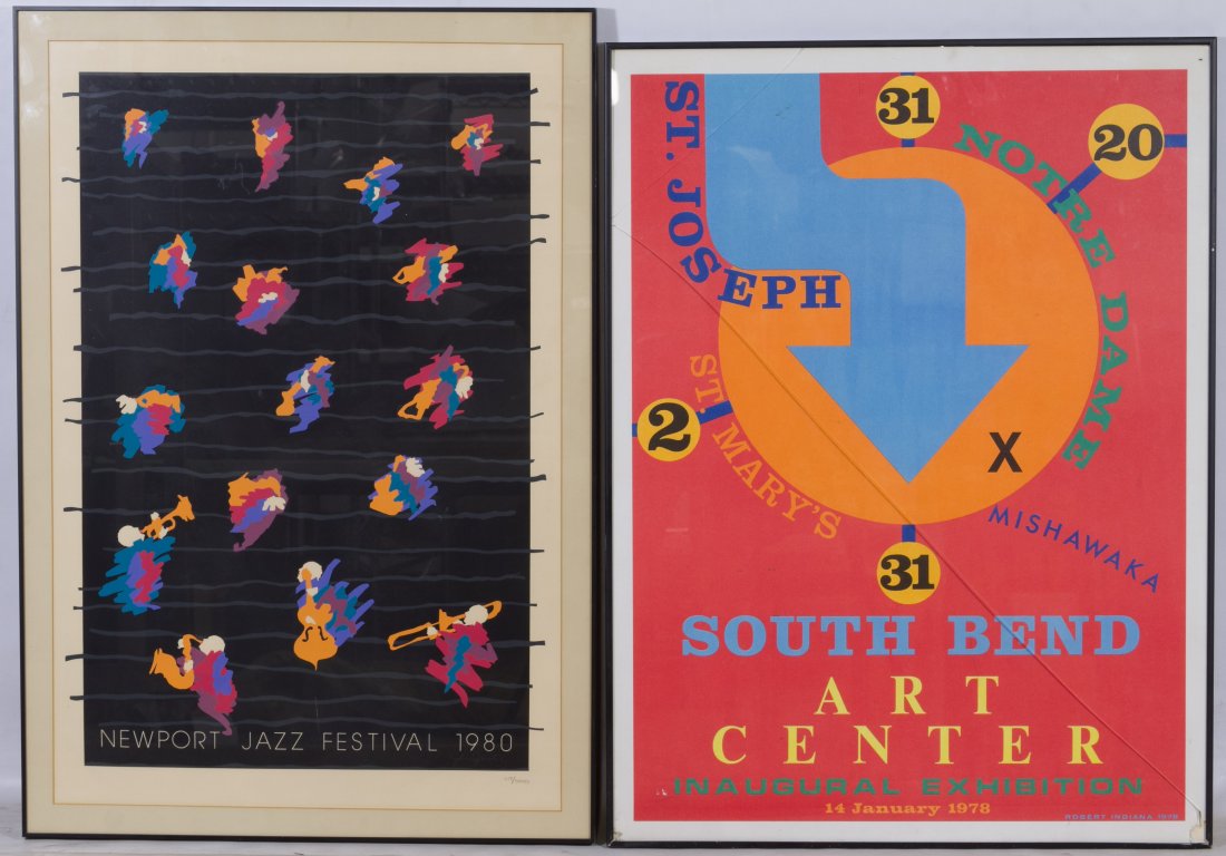 Robert Indiana (American, b.1928) 'South Bend Art: Robert Indiana (American, b.1928) 'South Bend Art Center' Poster 1978; together with a 'Newport Jazz Festival 1980' poster, signed and numbered 1117/5000 Height: 30.00 inches, Width: 20.50 inches (tal