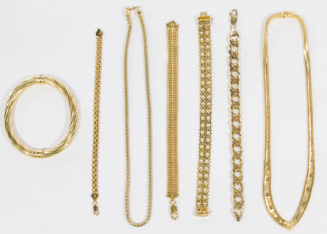 Sterling Silver Jewelry Assortment: Sterling Silver Jewelry Assortment Seven gold vermeil pieces including four chain bracelets, a bangle bracelet and two necklaces Length: 17.75 inches (longest) Weight: 85.65 dwts. (total weight) Categ