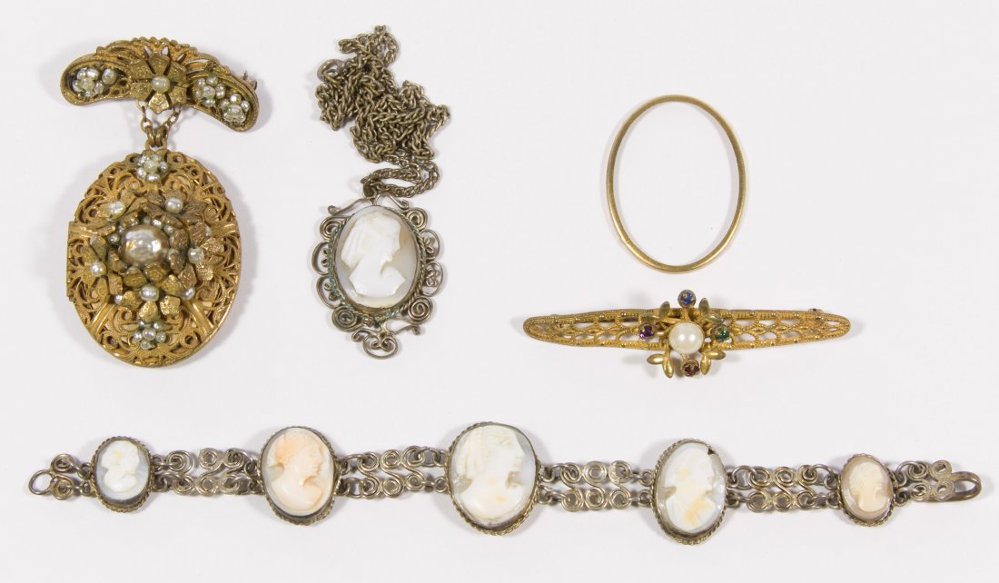 Miriam Haskell and Cameo Jewelry Assortment: Miriam Haskell and Cameo Jewelry Assortment Four pieces including a Miriam Haskell locket hanging from a brooch, having pearl and floral decoration with an extra photo ring and a bar brooch pin having
