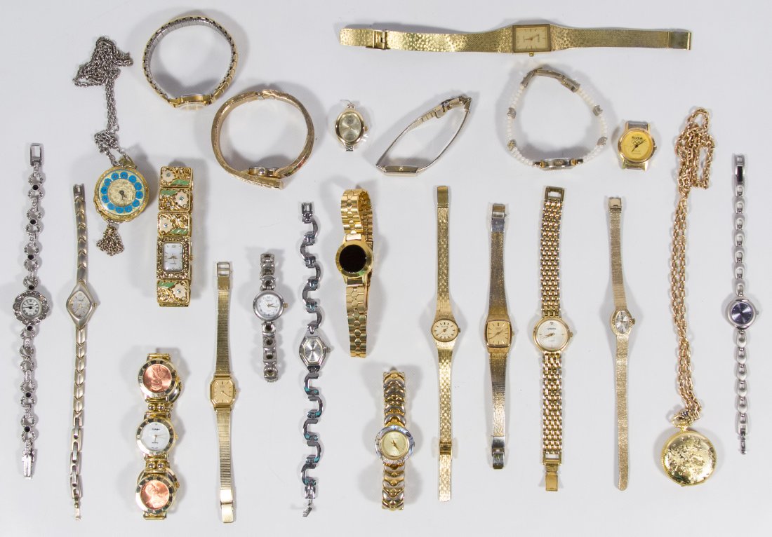 Woman's Pendant and Wrist Watch Assortment: Woman's Pendant and Wrist Watch Assortment Including two pendant watches and twenty-one wrist watches by Elgin, Benrus, Bulova, Gruen, Seiko, Geneva Category: Jewelry and Timepieces > Women's Wrist Wa