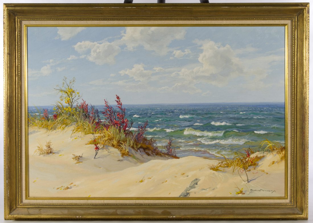 Charles Vickery (American 1913-1998) 'October Colors': Charles Vickery (American 1913-1998) 'October Colors' Oil on Canvas Undated, signed lower right, depicting sand with water in the background Height: 20.00 inches, Width: 30.00 inches (canvas) Category