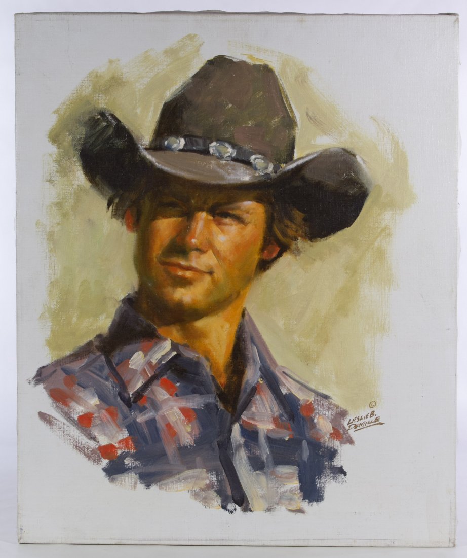 Leslie B. DeMille (American, 20th Century) 'Brad' Oil: Leslie B. DeMille (American, 20th Century) 'Brad' Oil on Canvas Undated, signed lower right, depicting a male with a cowboy hat Height: 24.00 inches, Width: 20.00 inches (canvas) Category: Fine Art > 