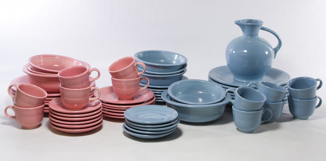 Homer Laughlin 'Fiestaware' Assortment: Homer Laughlin 'Fiestaware' Assortment Including a partial set for six in blue with an extra pitcher and serving platter; along with a partial set for six in pink Diameter: 12.00 inches Category: Porc