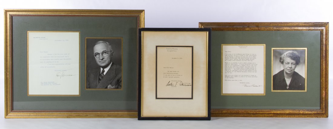 Political Autograph Assortment: Political Autograph Assortment Three framed items including signatures from Adlai Stevenson, Eleanor Roosevelt and Harry Truman on letters along with two photographs Width: 18.50 inches (largest) Cate