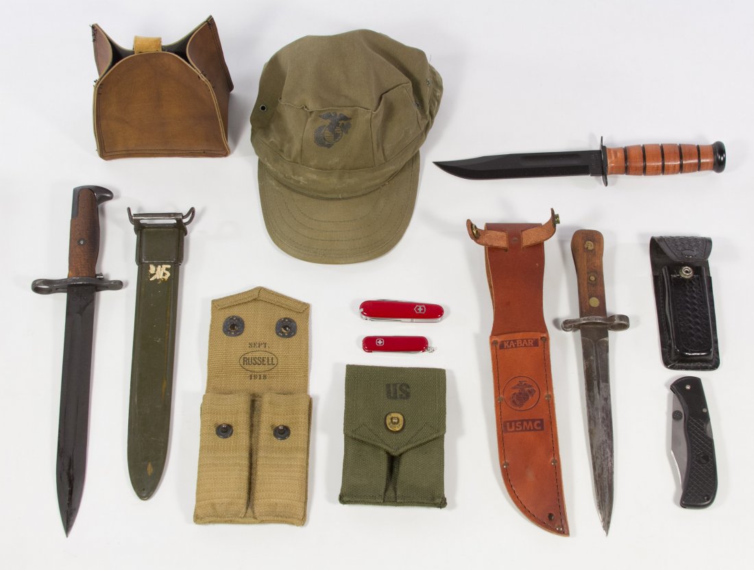 World War II United States AFH Bayonet: World War II United States AFH Bayonet c.1940, includes original sheath; together with a World War II era dagger, Ka-bar USMC knife, two Swiss Army pocket knives, an army hat and knife holders Length: