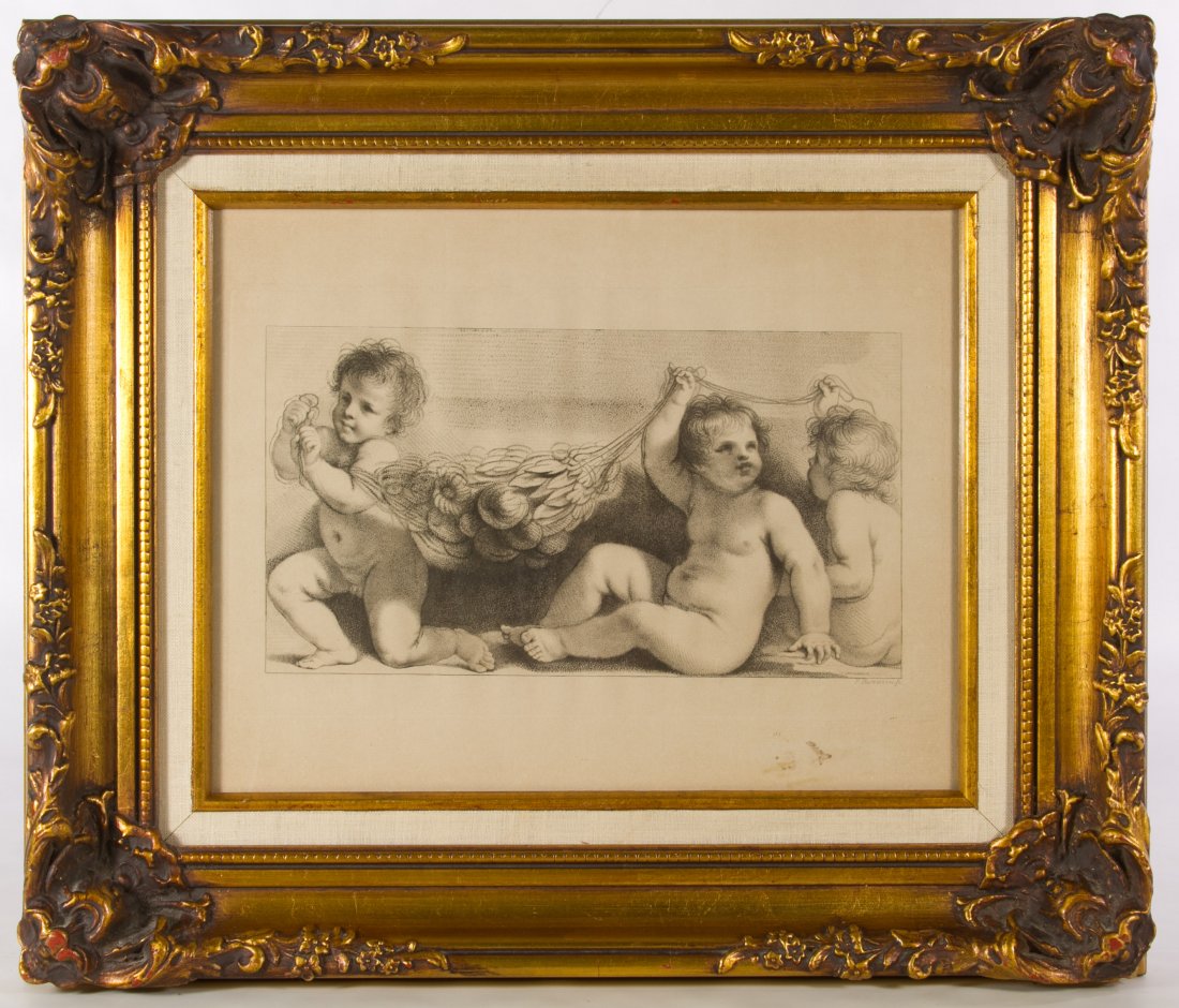 (After) Francesco Bartolozzi, Sculptor (Italy,: (After) Francesco Bartolozzi, Sculptor (Italy, 1727-1815) 'Putti Hanging Swag' Etching Undated, signed lower right, depicting nude children Height: 17.00 inches, Width: 20.00 inches (frame) Category: