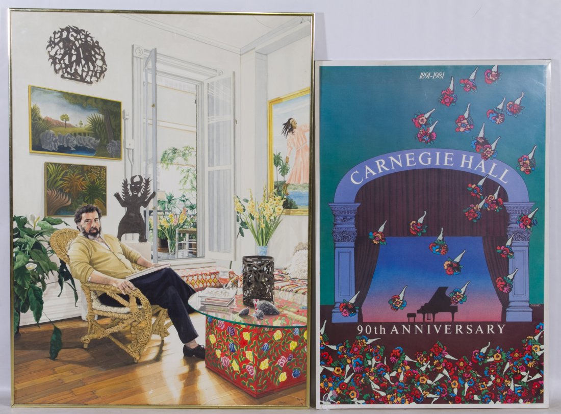 Milton Glaser Carnegie Hall 90th Anniversary Poster: Milton Glaser Carnegie Hall 90th Anniversary Poster Together with a poster of a person in a chair surrounded by artifacts Height: 40.50 inches, Width: 30.00 inches (largest) Category: Decorative Arts