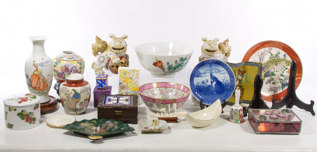 Asian Decorative Arts Assortment: Asian Decorative Arts Assortment Including vases, bowls, lidded jars and Fu dog figurines Diameter: 10.00 inches (largest) Category: Decorative Arts > Asian Shipping Status: 3rd Party Shipping; the sh