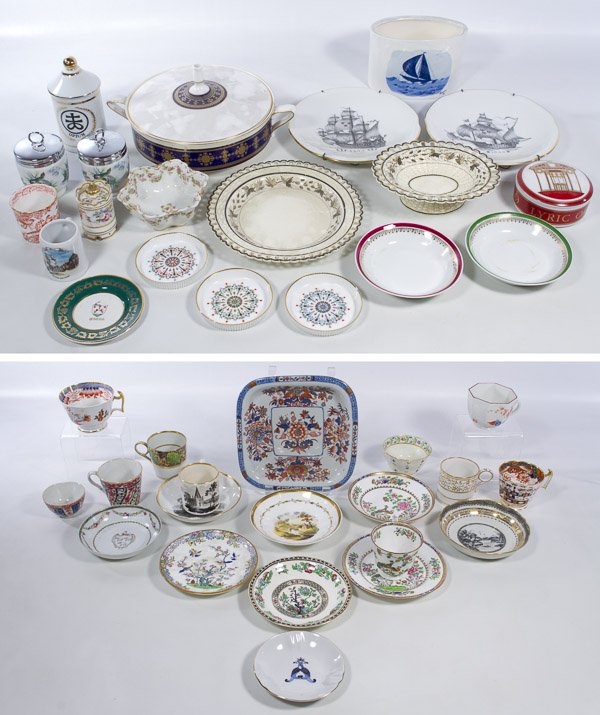 English China Assortment: English China Assortment Thirty-nine items including examples from Spode, Minton, Staffordshire, Royal Worcester; along with unmarked nineteenth century hand painted or transfer print dishes Diameter: