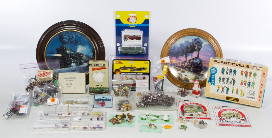 Model Train Layout Accessory Assortment: Model Train Layout Accessory Assortment Including Plasticville figures, crossing signs and two Hamilton Collection plates Diameter: 10.25 inches (plate) Category: Toys and Dolls > Post-War Trains Ship
