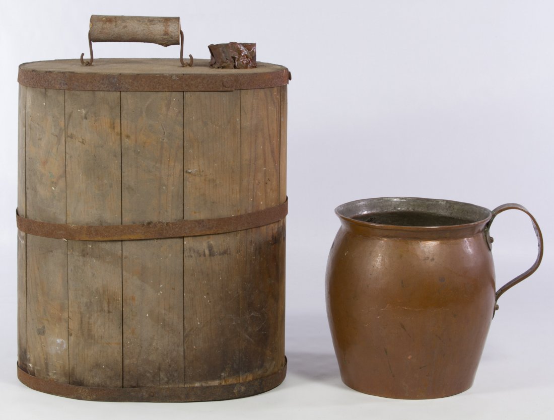 Wooden Kerosene Jug: Wooden Kerosene Jug Together with a c.1910 copper pitcher Height: 15.00 inches (kerosene) Category: Primitives > Other Shipping Status: 3rd Party Shipping; the shipping cost may be high; please contac
