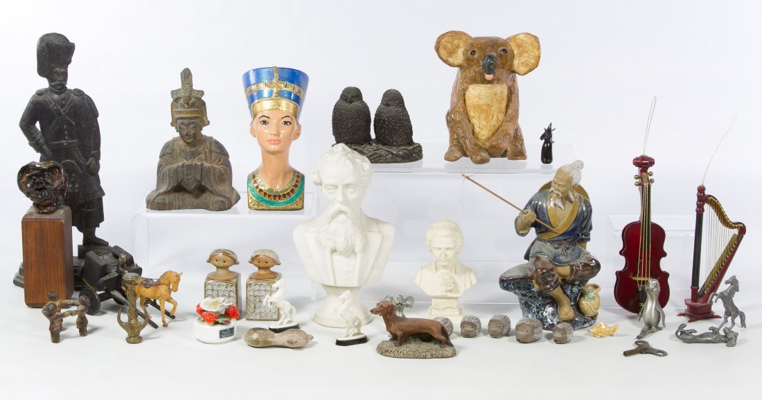 Figurine Assortment: Figurine Assortment Including Asian and European figurines made of ceramic, metal and papier mache Height: 8.00 inches (tallest) Category: Figurines > Other Shipping Status: 3rd Party Shipping; the sh