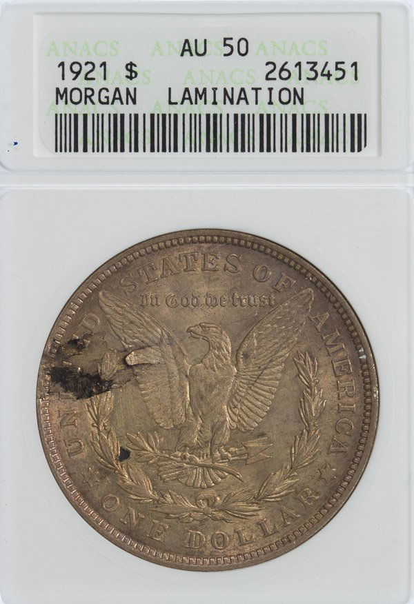 1921 $1 Lamination Error AU-50 ANACS: 1921 $1 Lamination Error AU-50 ANACS Category: Dollars > Morgan Dollar Shipping Status: Leonard Auction, Inc. will directly ship via USPS Item Weight: 0 pounds, 2 ounces Approximate Sale Time: 10:12 a