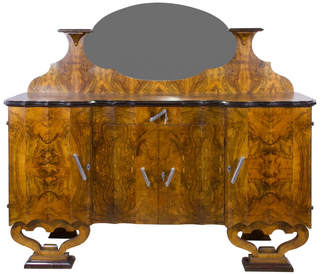 Art Deco German Walnut Sideboard: Art Deco German Walnut Sideboard c.1925 highly figured Circassian walnut sideboard with scalloped mirror and aluminum hardware Height: 65.50 inches, Width: 76.50 inches, Depth: 21.00 inches Category: 