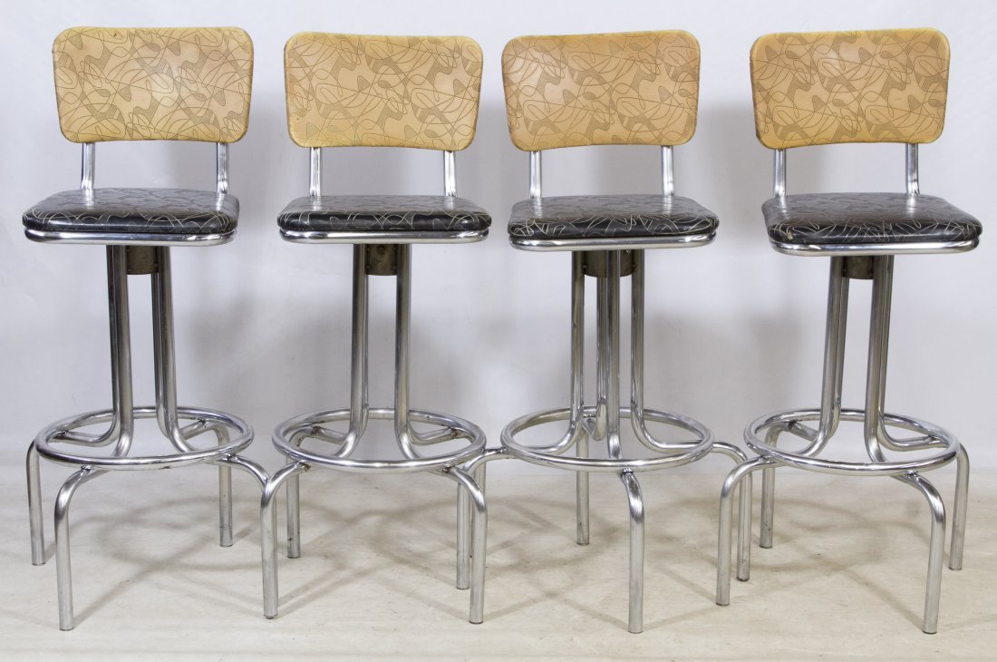 Mid-Century Modern Chrome and Vinyl Bar Stools: Mid-Century Modern Chrome and Vinyl Bar Stools c.1950, four identical pieces having aluminum bases and vintage vinyl upholstery Height: 41.50 inches (same) Category: Furniture > Mid-Century Modern Tax