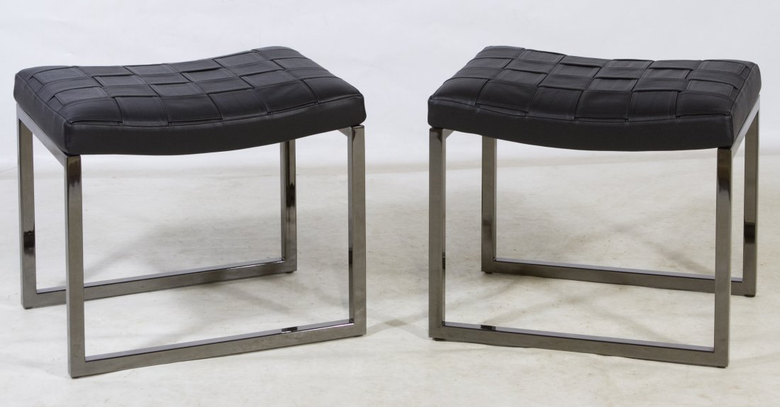 Chrome and Leather Ottomans by Minotti: Chrome and Leather Ottomans by Minotti Matching pair having woven black leather cushion on chrome legs Height: 18.00 inches, Length: 21.00 inches, Width: 16.00 inches Category: Furniture > Contemporar