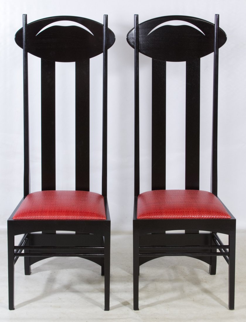 Mackintosh Style Ebonized High Back Chairs by Cassina: Mackintosh Style Ebonized High Back Chairs by Cassina Pair of contemporary chairs with high backs and red upholstery Height: 54.00 inches, Width: 19.00 inches, Depth: 18.00 inches (both) Category: Fur
