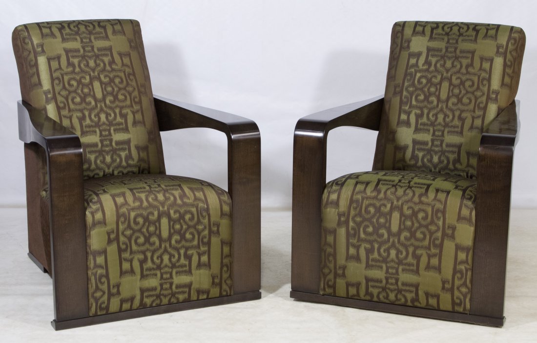 Upholstered Armchairs by Hugues Chevalier: Upholstered Armchairs by Hugues Chevalier Two chairs with moss green and brown abstract upholstery and stained curved arms Height: 35.00 inches, Width: 27.50 inches, Depth: 32.00 inches (both) Categor