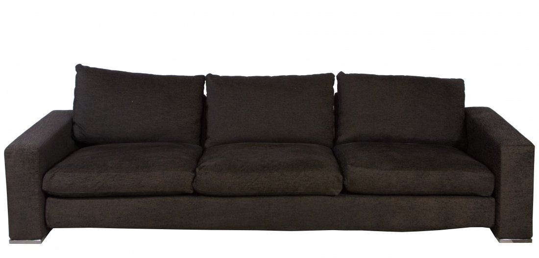 Upholstered Sectional Sofa by Minotti: Upholstered Sectional Sofa by Minotti Having two arm sections flanking a center section and upholstered in dark brown woven fabric Height: 21.00 inches, Width: 115.00 inches, Depth: 37.00 inches Categ