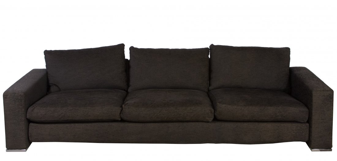Upholstered Sectional Sofa by Minotti: Upholstered Sectional Sofa by Minotti Having two arm sections flanking a center section and upholstered in dark brown woven fabric Height: 22.50 inches, Width: 101.00 inches, Depth: 44.00 inches Categ