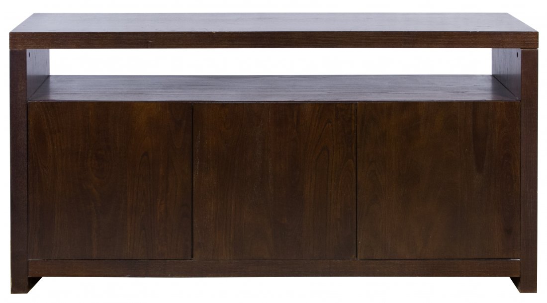 Walnut Stained Oak Credenza by Crate & Barrel: Walnut Stained Oak Credenza by Crate & Barrel Having three cabinet doors below an open shelf Height: 30.50 inches, Width: 60.00 inches, Depth: 18.00 inches Category: Furniture > Contemporary Tax Statu