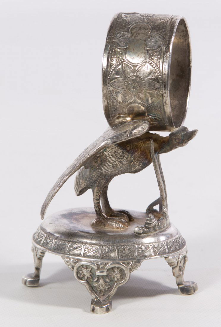 Meriden Silverplate Figural Napkin Ring: Meriden Silverplate Figural Napkin Ring Having a crane among the reeds holding the ring on its back; together with a silverplate cordial by Christofle, silverplate flatware including a punch ladle fro