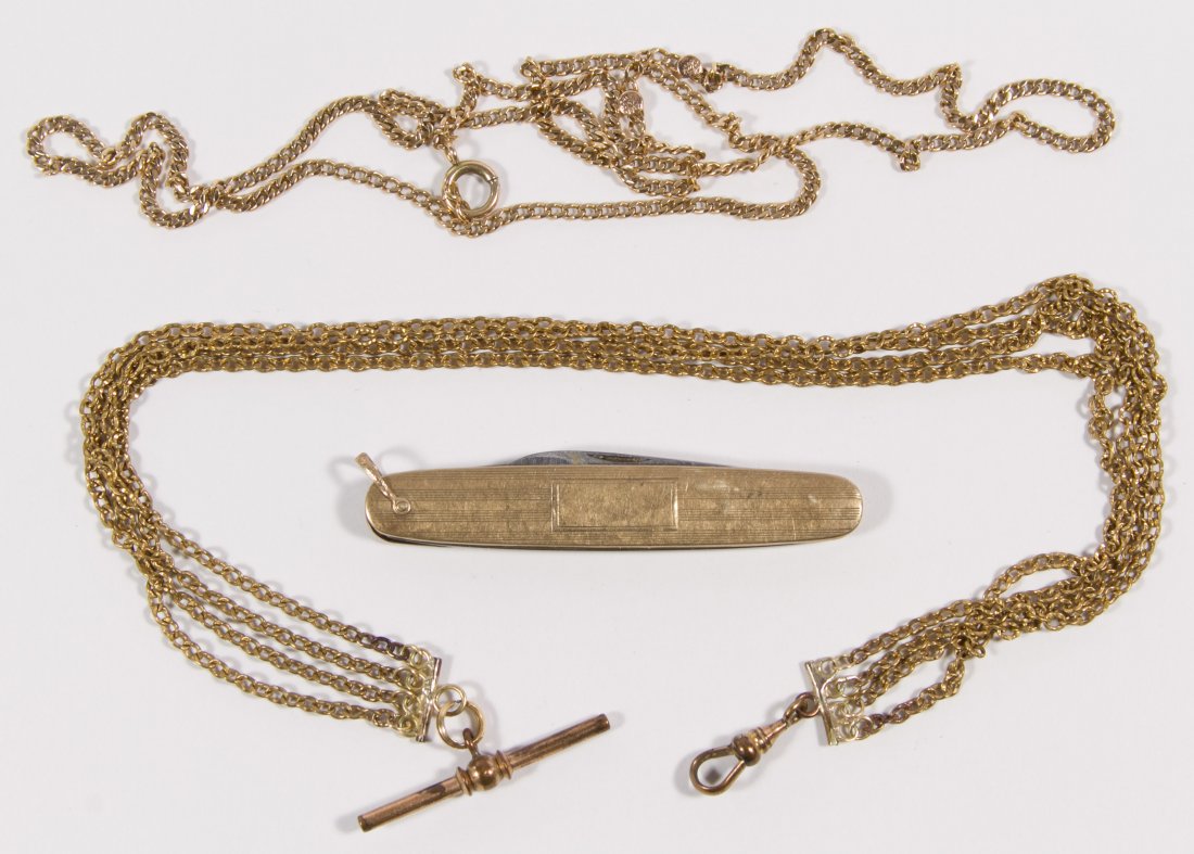 10k Gold Cased Pocket Knife and Watch Chain: 10k Gold Cased Pocket Knife and Watch Chain Together with gold plated multi-strand watch chain Length: 26.00 inches (longest) Weight: 19.74 dwts. (total weight 10k gold pieces only) Category: Jewelry 
