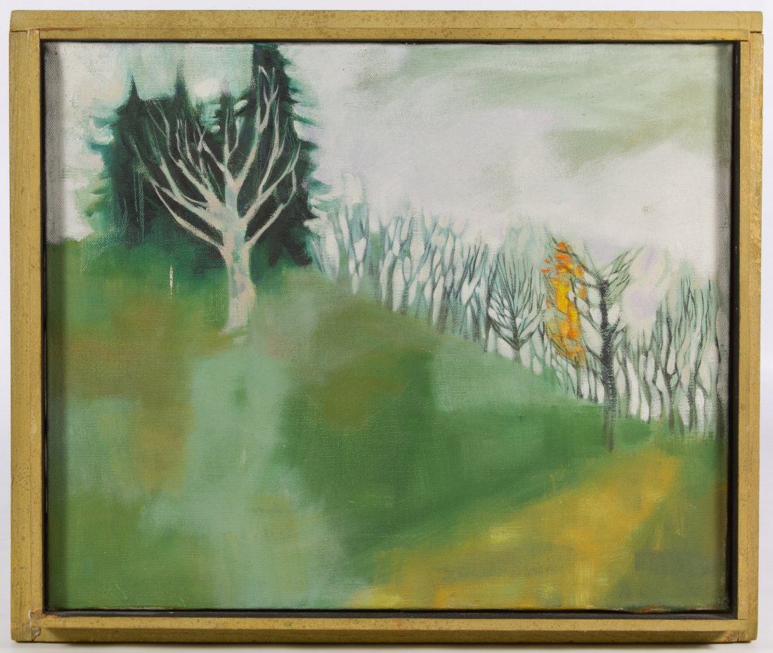 Sidney Loeb (Mid 20th Century) 'Trees' Oil on Canvas: Sidney Loeb (Mid 20th Century) 'Trees' Oil on Canvas Undated, signed en verso, depicting a line of trees Height: 13.00 inches, Width: 16.00 inches (canvas) Category: Fine Art > American Paintings Ship