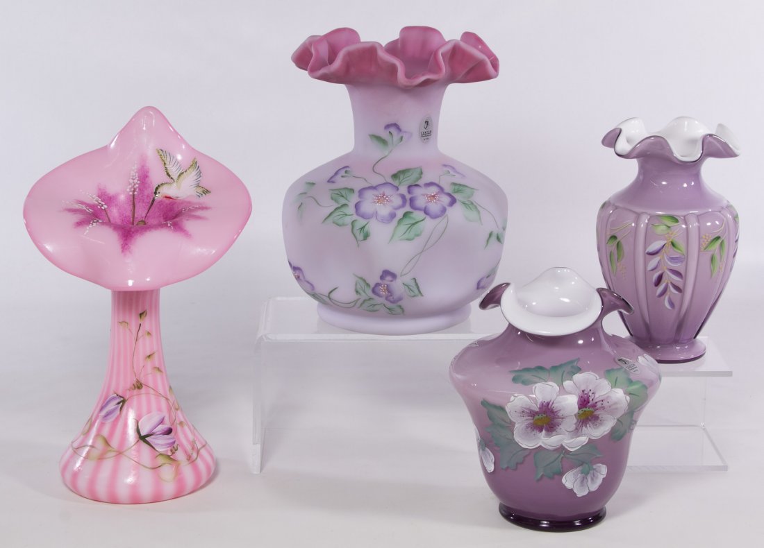 Fenton Vase Assortment: Fenton Vase Assortment Four pieces, all hand painted and signed with original tags; including pink jack in the pulpit and three lavender colored Height: 10.25 inches (tallest) Category: Glass > Art Gl
