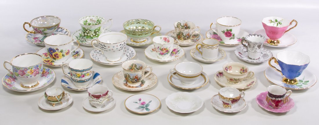 China Teacup and Saucer Assortment: China Teacup and Saucer Assortment Including examples from Royal Stafford, Coalport, Richard Ginori and Norcrest Height: 3.00 inches Category: Porcelain and Ceramics > Mixed Lots Shipping Status: Due 