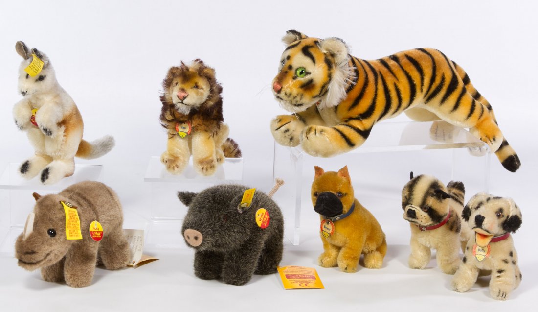 Steiff Plush Animal Assortment: Steiff Plush Animal Assortment Eight items including #1456 'Nosy' the rhinoceros, a vintage tiger with chest tag, #1468 'Wulle,' 'Leo' the lion, 'Boxer' dog, #700 'Linda' the kangeroo, 'Dally' the dog