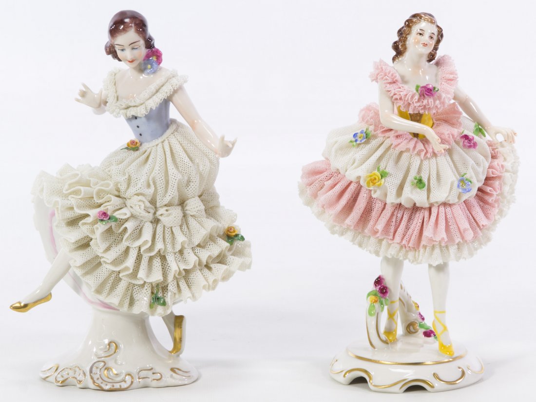Porcelain Ballerina Figurines: Porcelain Ballerina Figurines Two figurines including a Dresden ballerina in a pink and white lace costume and a Capodimonte marked ballerina with white lace skirt Height: 8.00 inches (tallest) Catego