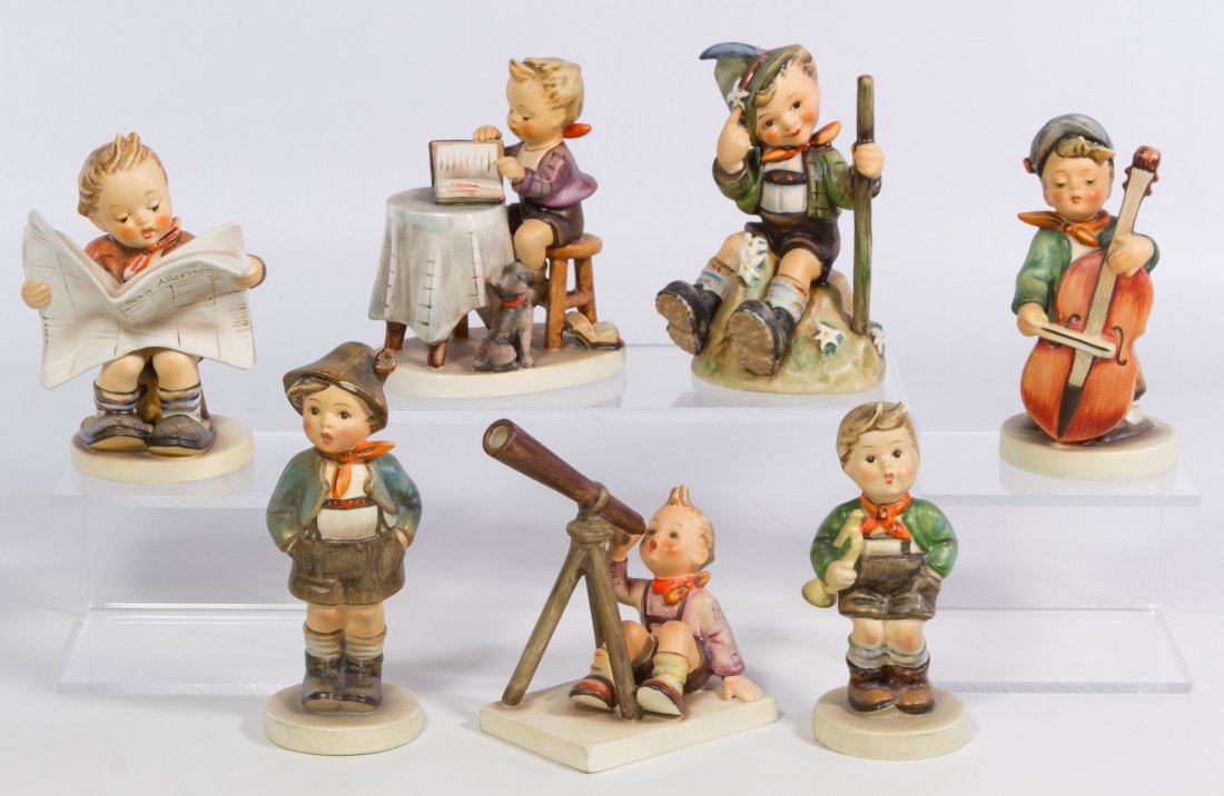 Hummel Children Figurine Assortment: Hummel Children Figurine Assortment Seven figurines including #186 'Sweet Music', #97 'Trumpet Boy', #315 'Mountaineer', #132 'Star Gazer', #95 'Brother', #306 'Little Bookkeeper' and #184 'Latest New