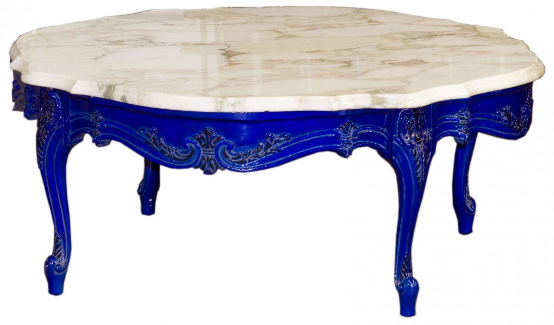 Round Marble Top Coffee Table: Round Marble Top Coffee Table Having an electric blue painted Rococo style wood base with a white marble scalloped top Height: 16.00 inches, Diameter: 37.00 inches Category: Furniture > American Tax S
