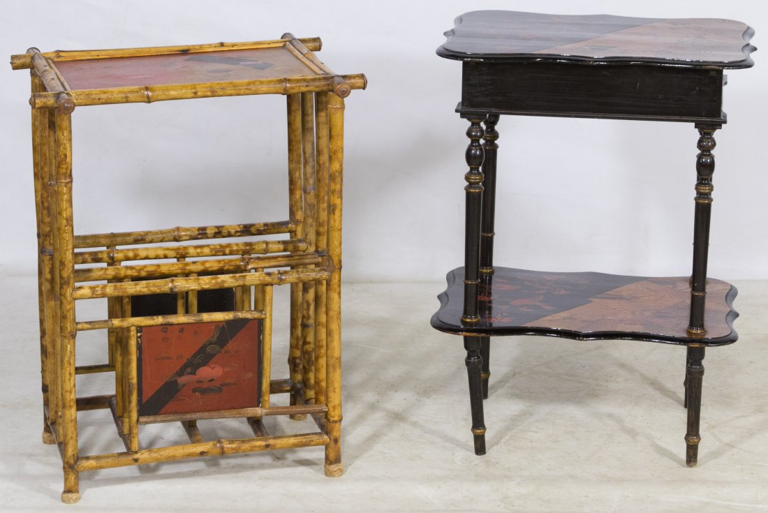 Bamboo Rack and Dressing Table: Bamboo Rack and Dressing Table Two items including a lacquer dresser table with fold out mirror top and a bamboo magazine rack Height: 27.00 inches (tallest) Category: Furniture > Contemporary Asian S