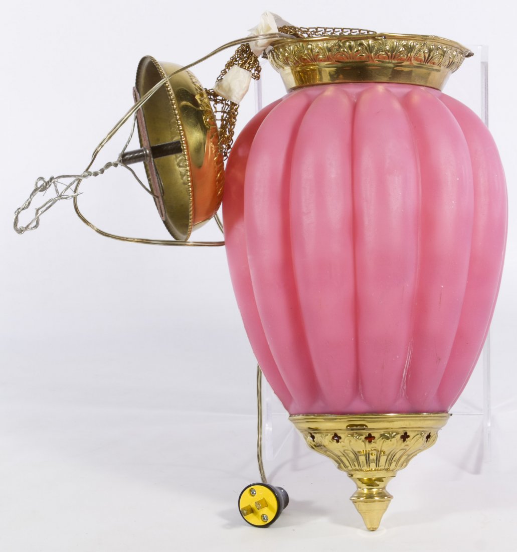 Ceiling Lamp Fixture: Ceiling Lamp Fixture Having a pink glass shade Height: 20.00 inches Category: Decorative Arts > Lamps Shipping Status: Due to size, weight, value or shipping complexity this item must be shipped via a
